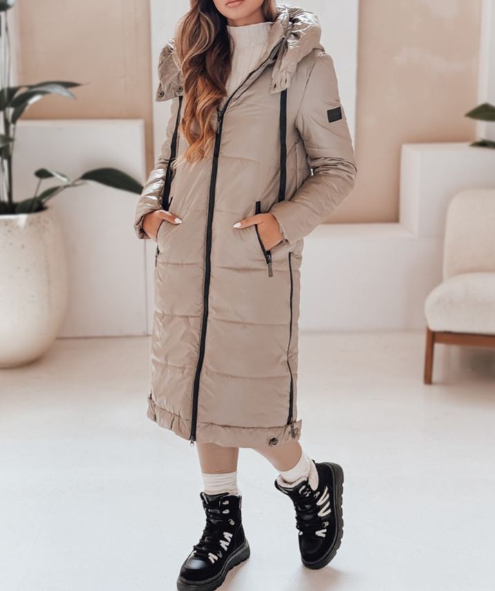 Taupe Long Puffer Coat with Hood & Contrast Zipper Details