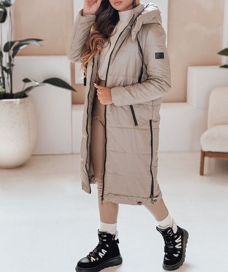 Taupe Long Puffer Coat with Hood & Contrast Zipper Details