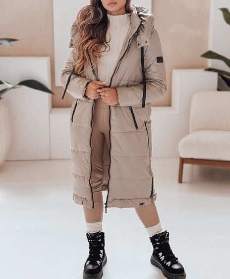 Taupe Long Puffer Coat with Hood & Contrast Zipper Details