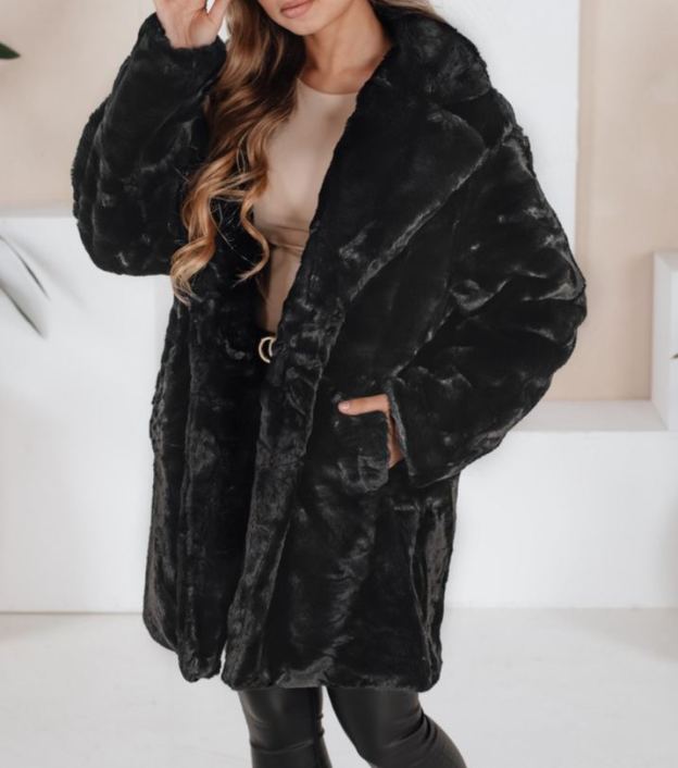 Black Faux Fur Long Coat with Oversized Silhouette