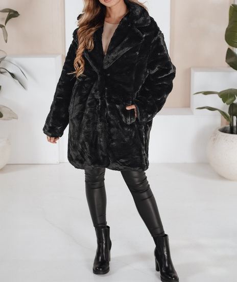 Black Faux Fur Long Coat with Oversized Silhouette