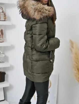 Olive  Long Puffer Coat with Faux Fur Hood & Branded Patch