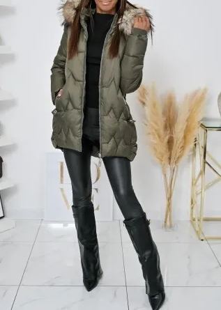 Olive  Long Puffer Coat with Faux Fur Hood & Branded Patch