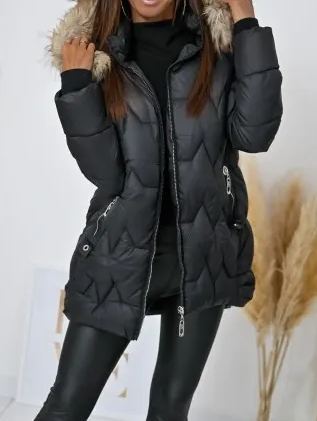 Olive  Long Puffer Coat with Faux Fur Hood & Branded Patch