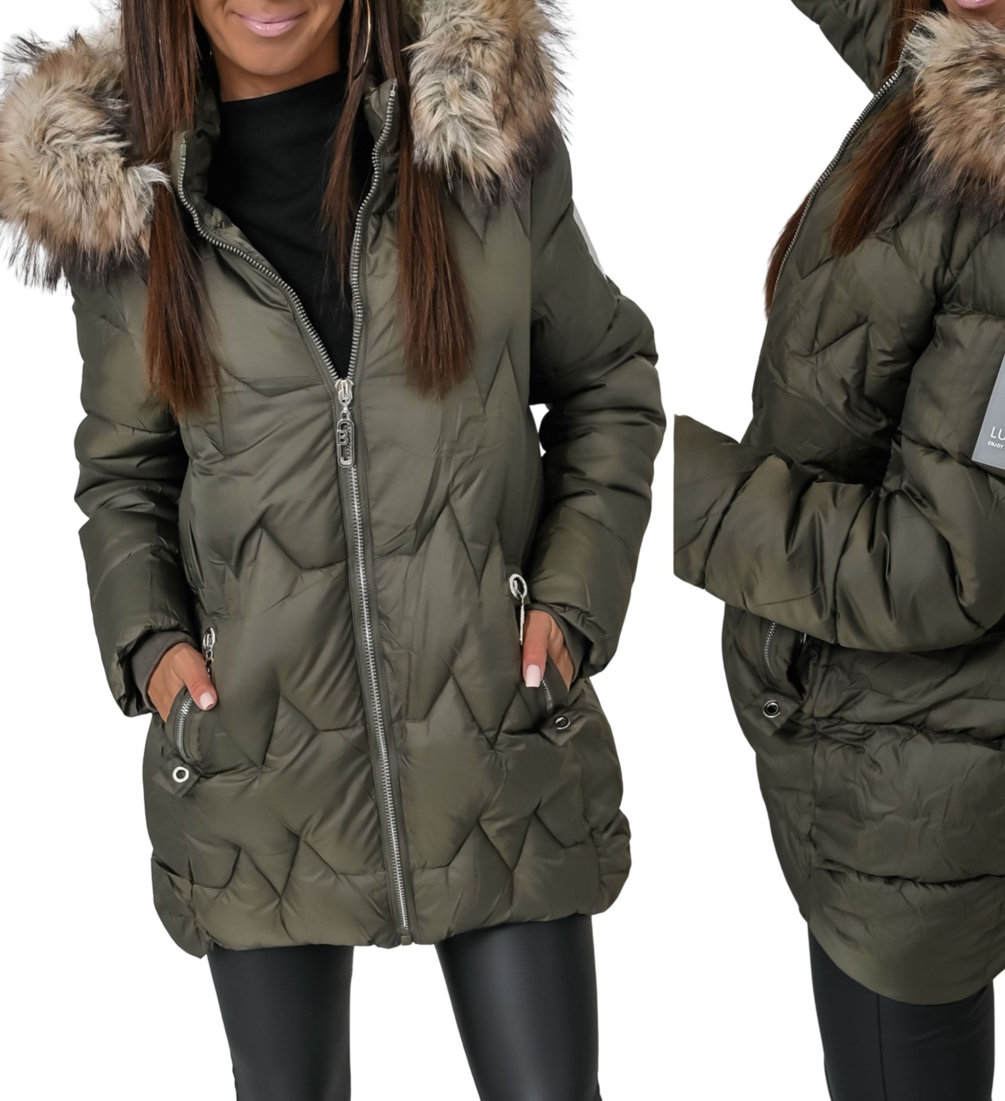 Olive Long Puffer Coat with Faux Fur Hood & Branded Patch