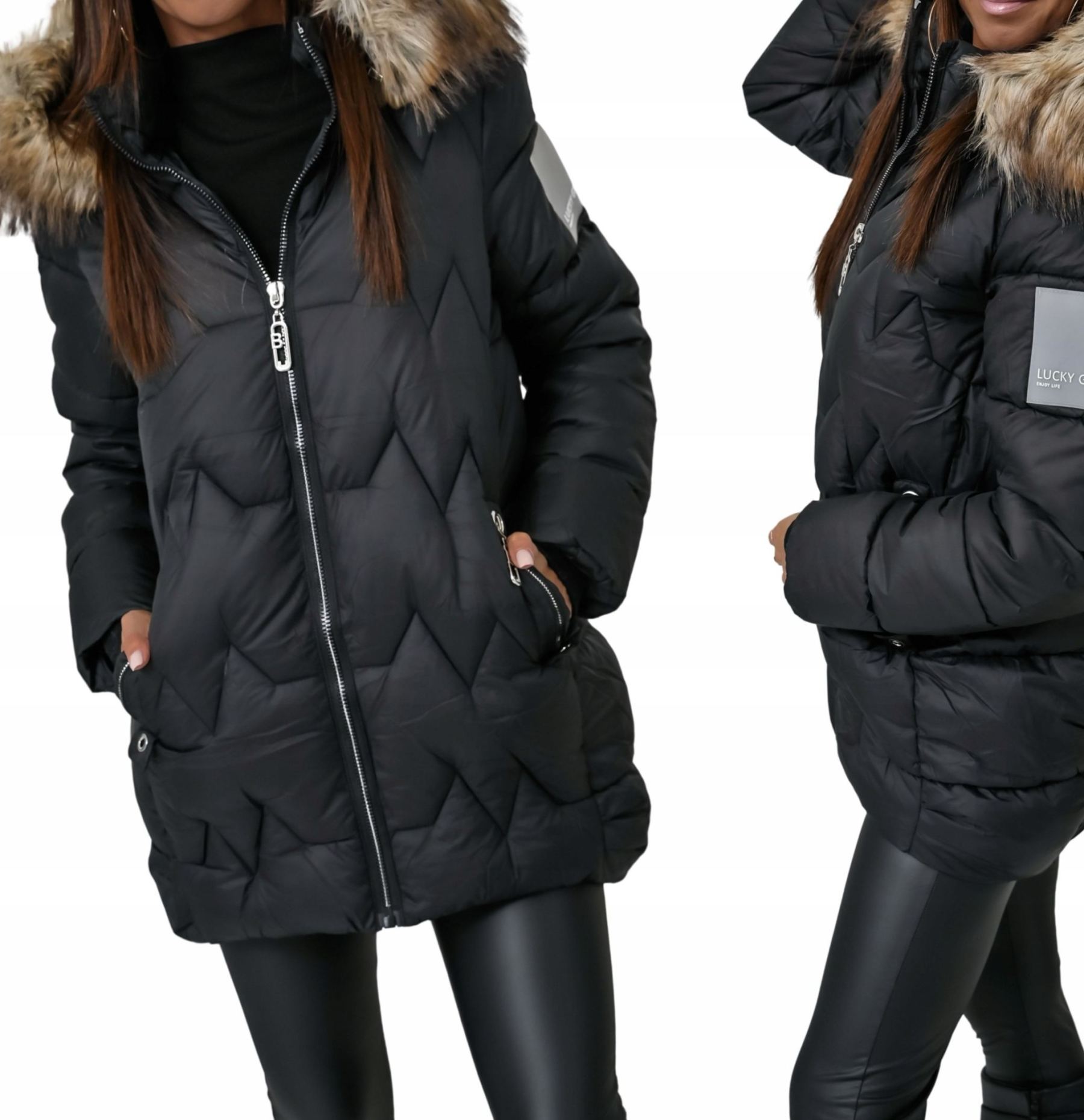 Olive  Long Puffer Coat with Faux Fur Hood & Branded Patch