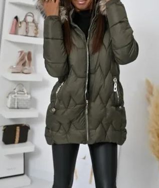 Olive  Long Puffer Coat with Faux Fur Hood & Branded Patch