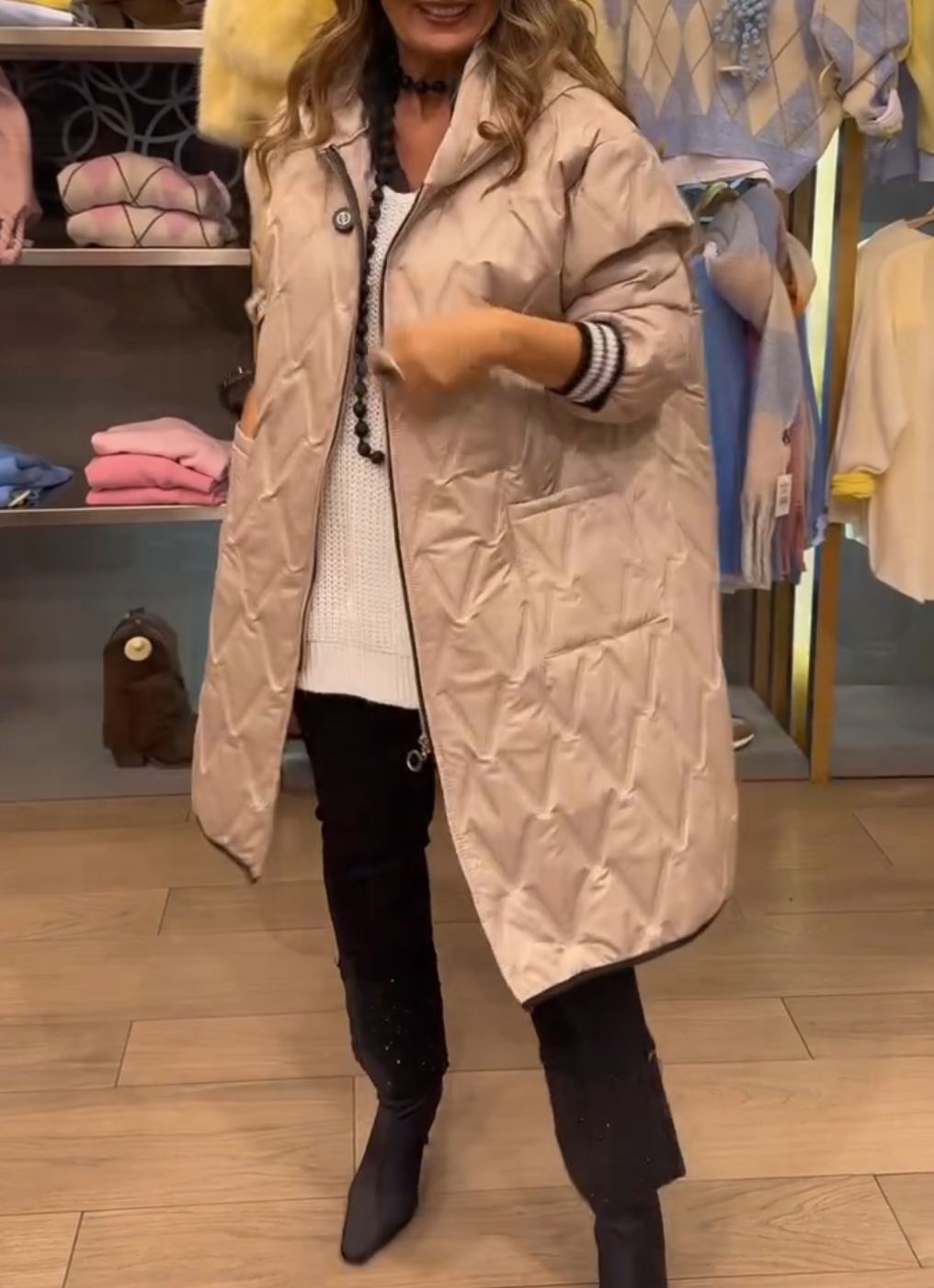 [Copy]Olive Gray Puffer Coat with Oversized Black Faux Fur Hood & Contrast Stitching