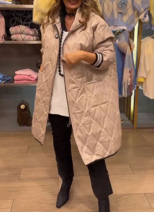 [Copy]Olive Gray Puffer Coat with Oversized Black Faux Fur Hood & Contrast Stitching