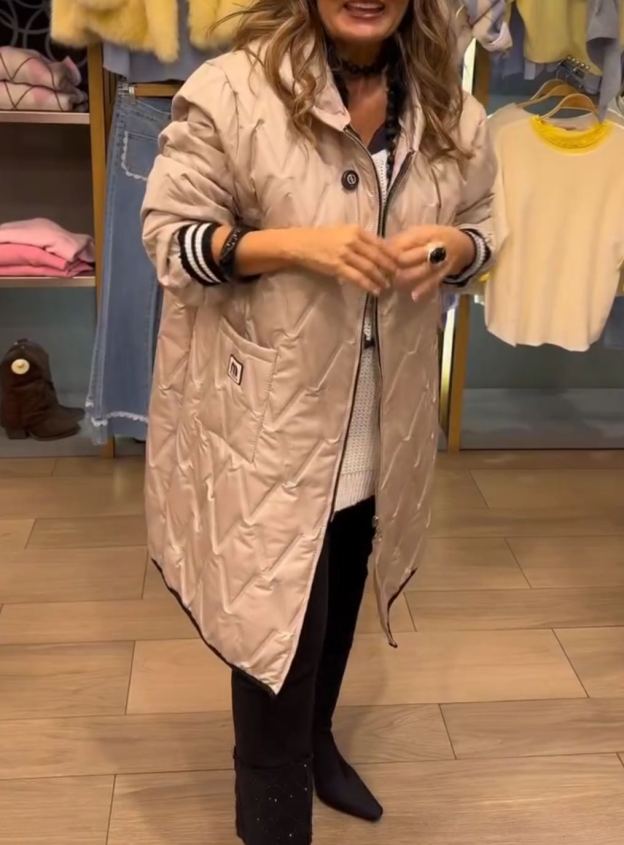 [Copy]Olive Gray Puffer Coat with Oversized Black Faux Fur Hood & Contrast Stitching