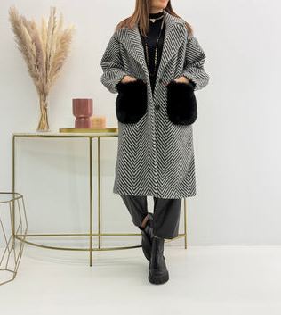 [Copy]Longline Wool Coat with Oversized Chinchilla Fur Front Panel