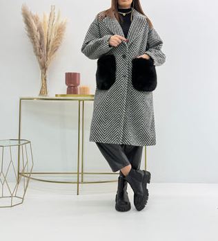 [Copy]Longline Wool Coat with Oversized Chinchilla Fur Front Panel
