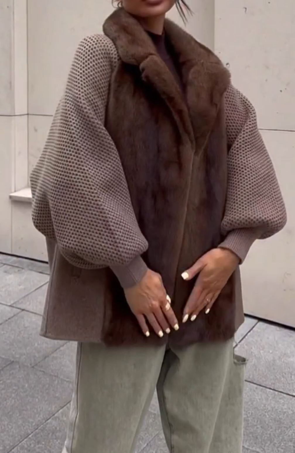 [Copy]Taupe Longline Cape Coat with Wide Chinchilla Fur Panels