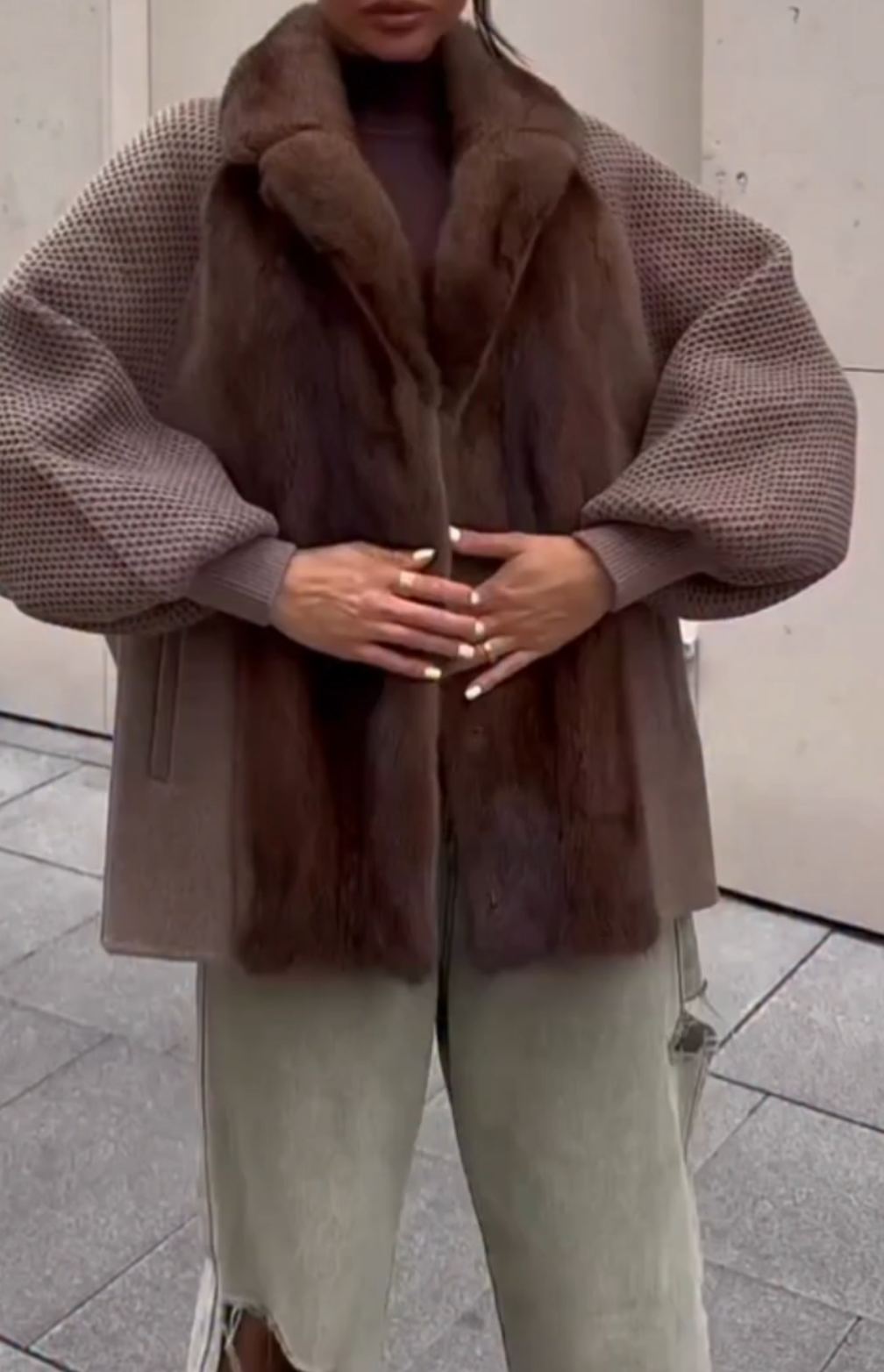 [Copy]Taupe Longline Cape Coat with Wide Chinchilla Fur Panels