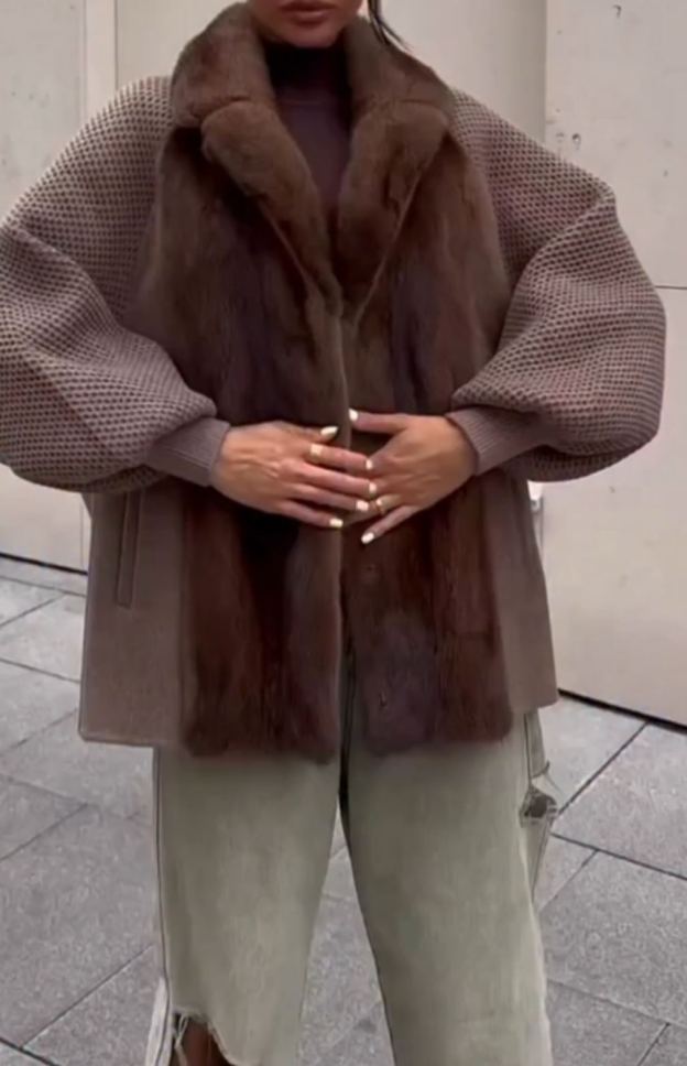 [Copy]Taupe Longline Cape Coat with Wide Chinchilla Fur Panels