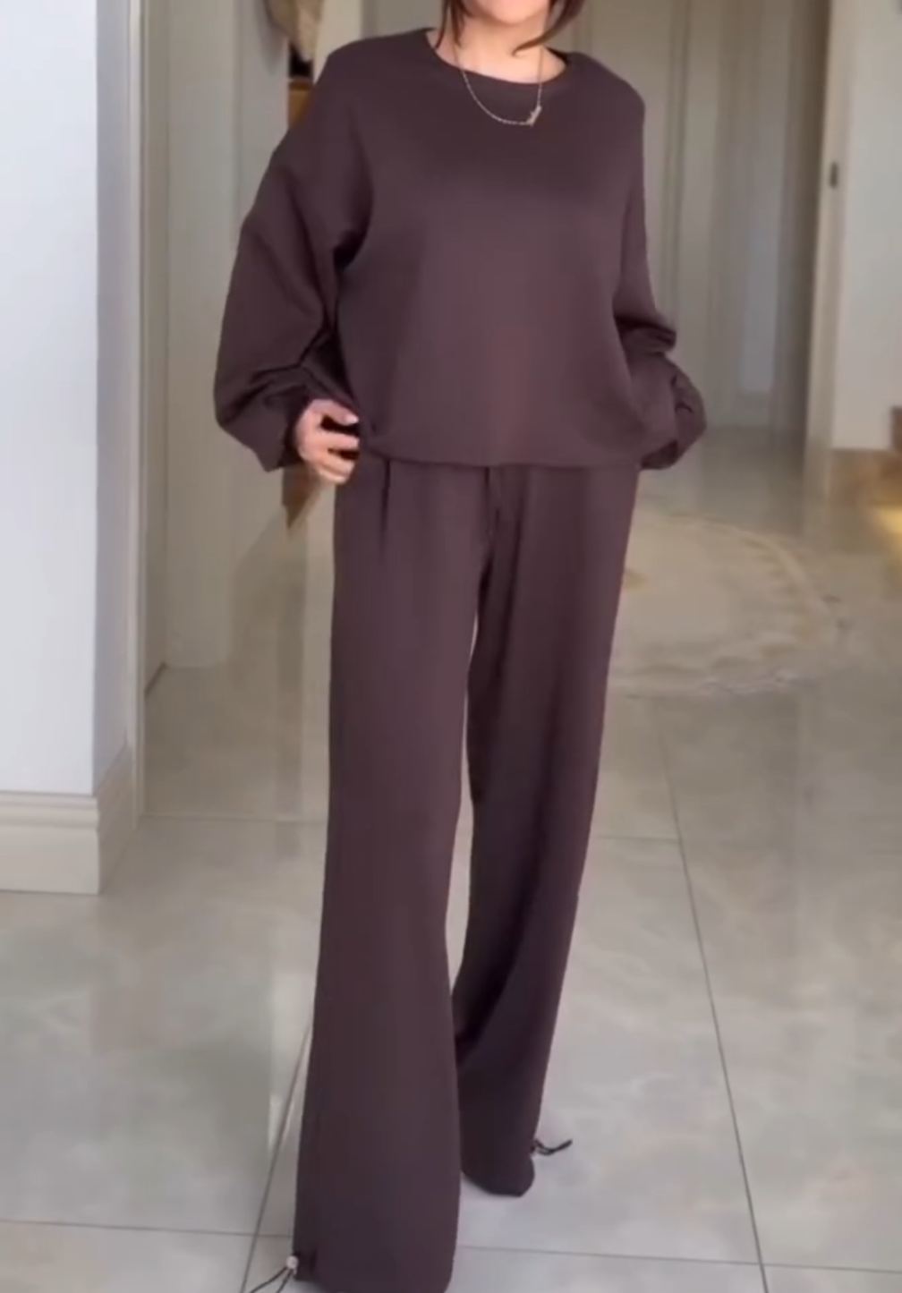 [Copy]Chocolate Brown Mixed-Media Coat (Faux Fur Front + Textured Knit Sleeves)