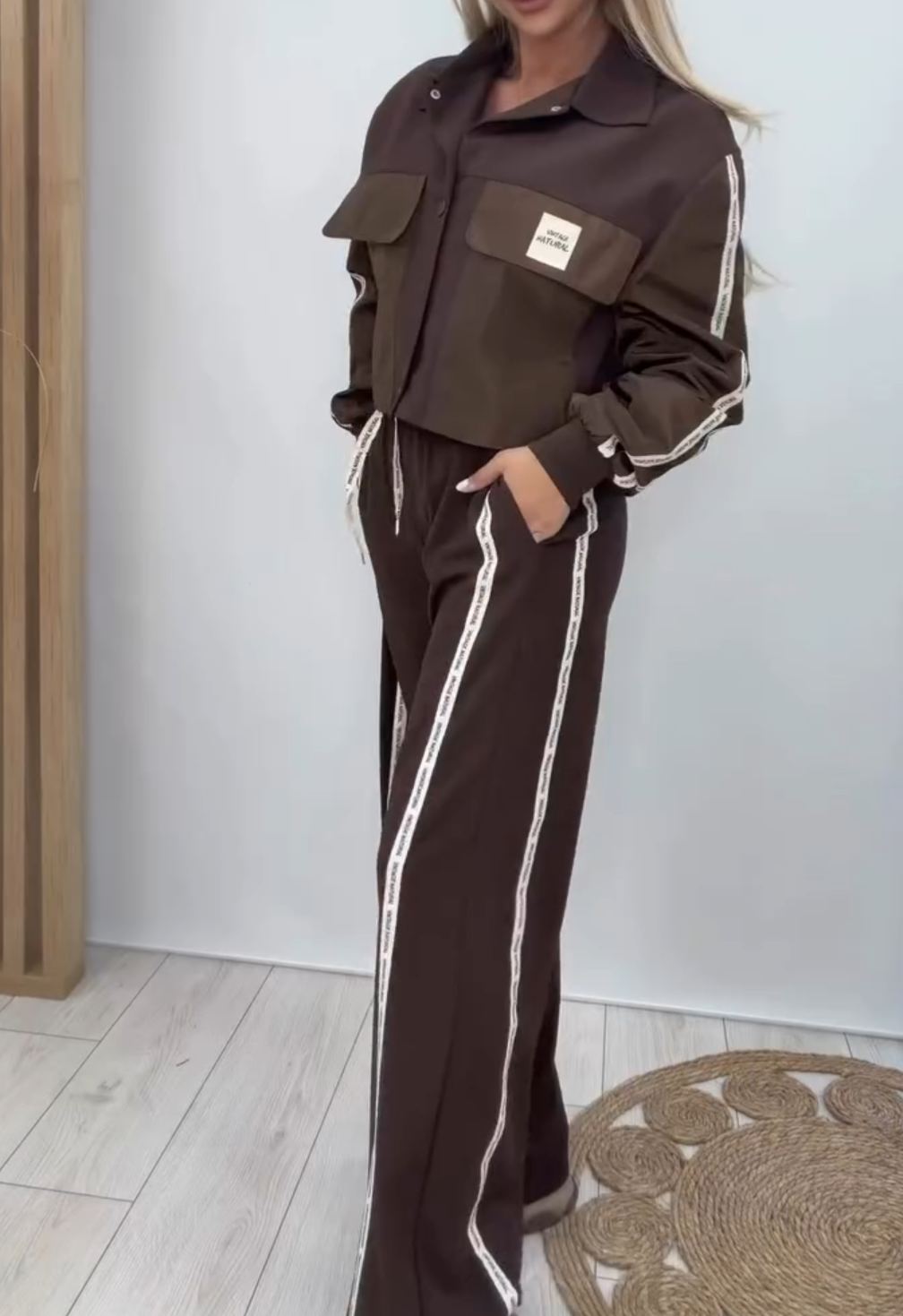 [Copy]versized Two-Piece Set: Flame Embroidery Half-Zip Top + Wide Leg Pants