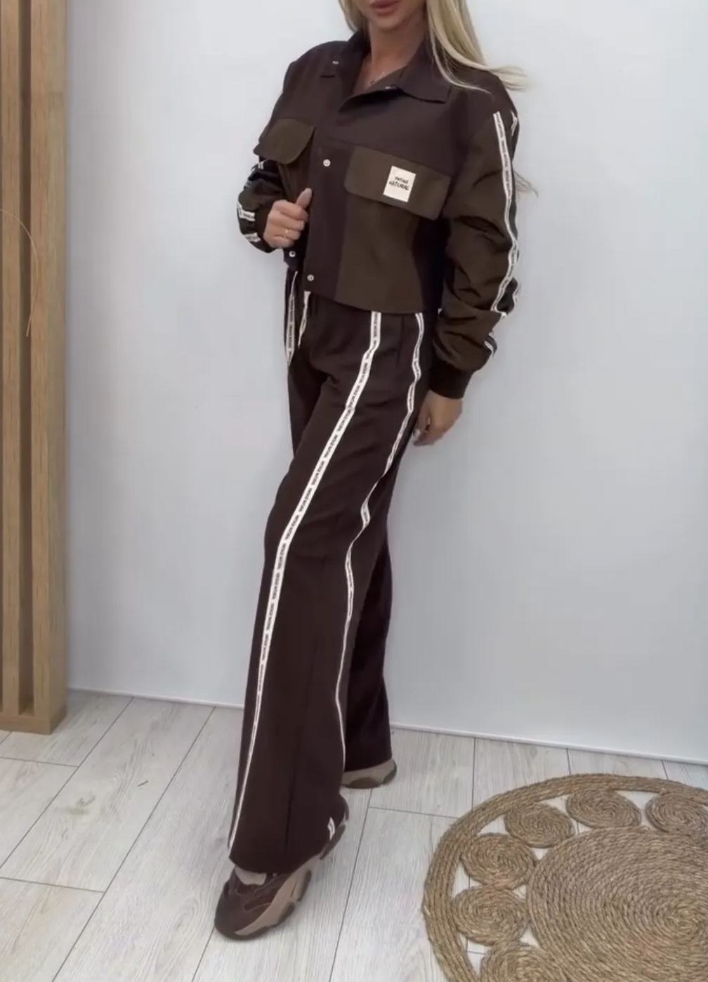 [Copy]versized Two-Piece Set: Flame Embroidery Half-Zip Top + Wide Leg Pants