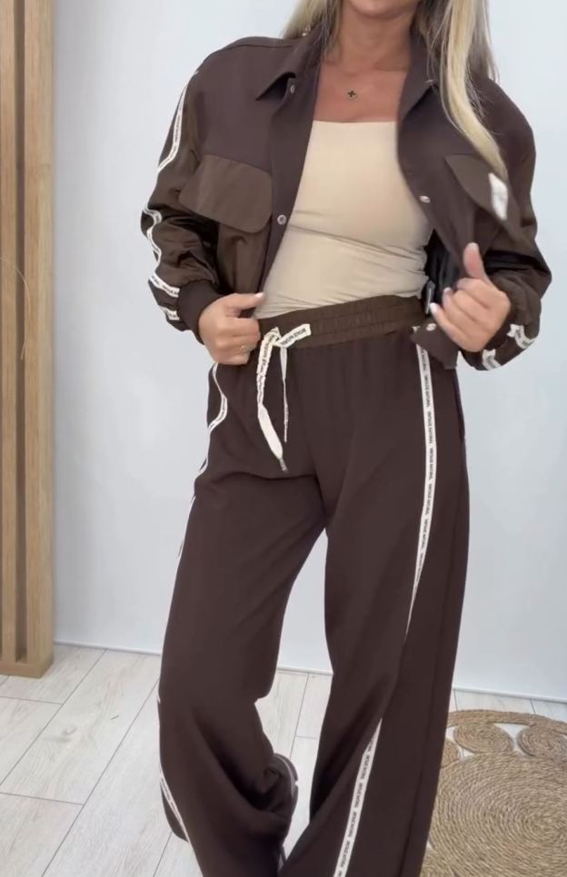 [Copy]versized Two-Piece Set: Flame Embroidery Half-Zip Top + Wide Leg Pants