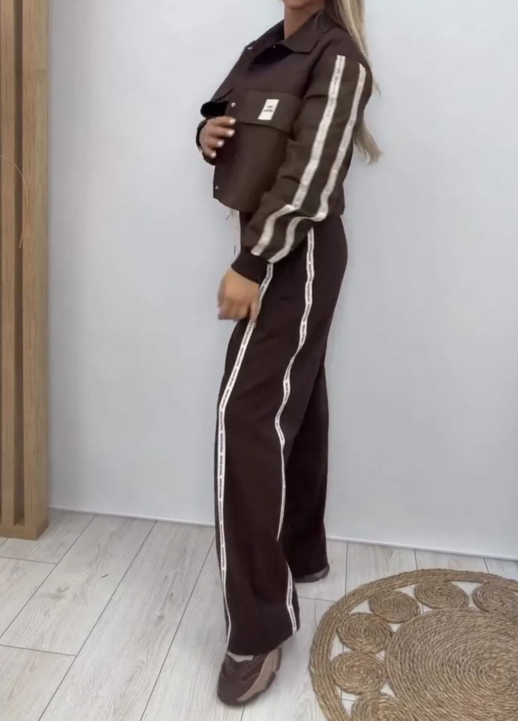 [Copy]versized Two-Piece Set: Flame Embroidery Half-Zip Top + Wide Leg Pants