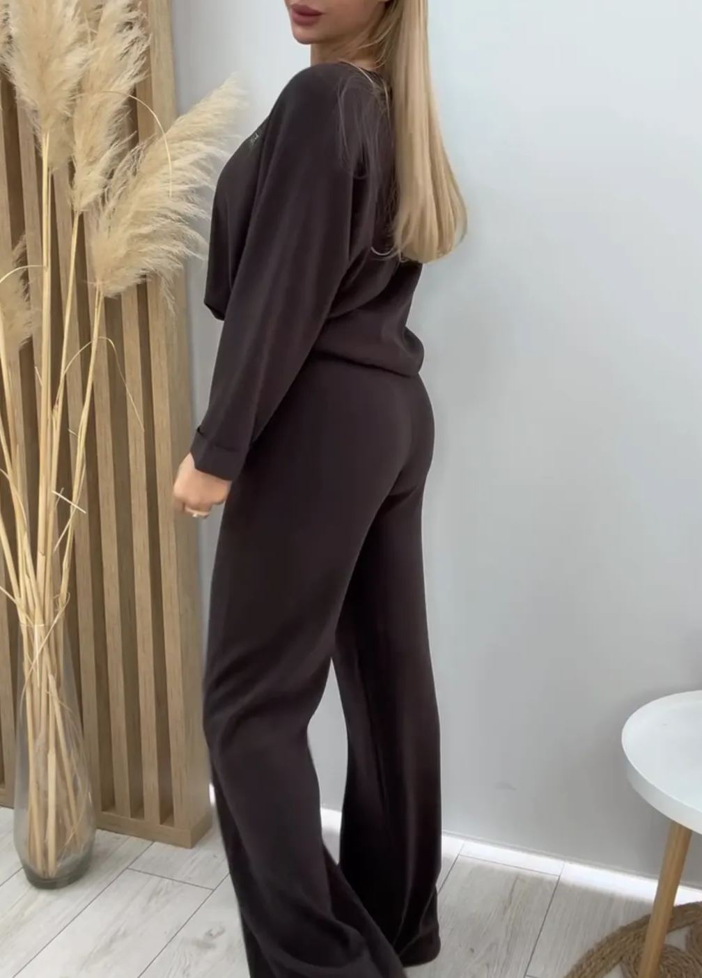 [Copy]Chocolate Brown Oversized Two-Piece Set: Button-Up Shirt + Wide Leg Pants with Tape Detail