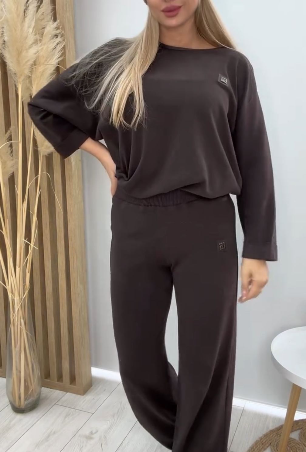 [Copy]Chocolate Brown Oversized Two-Piece Set: Button-Up Shirt + Wide Leg Pants with Tape Detail