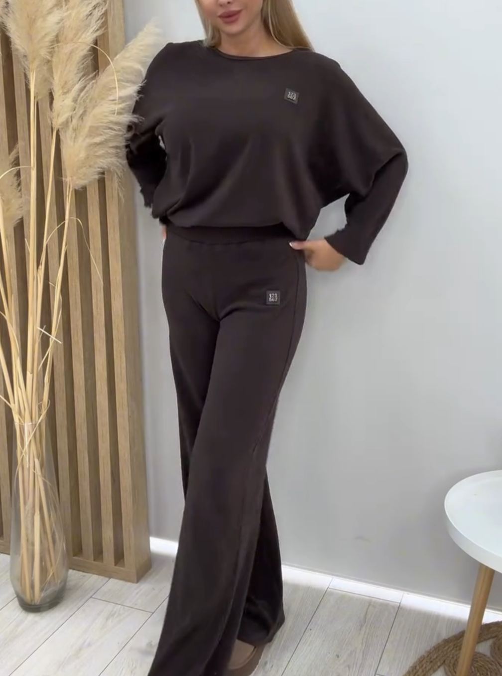 [Copy]Chocolate Brown Oversized Two-Piece Set: Button-Up Shirt + Wide Leg Pants with Tape Detail