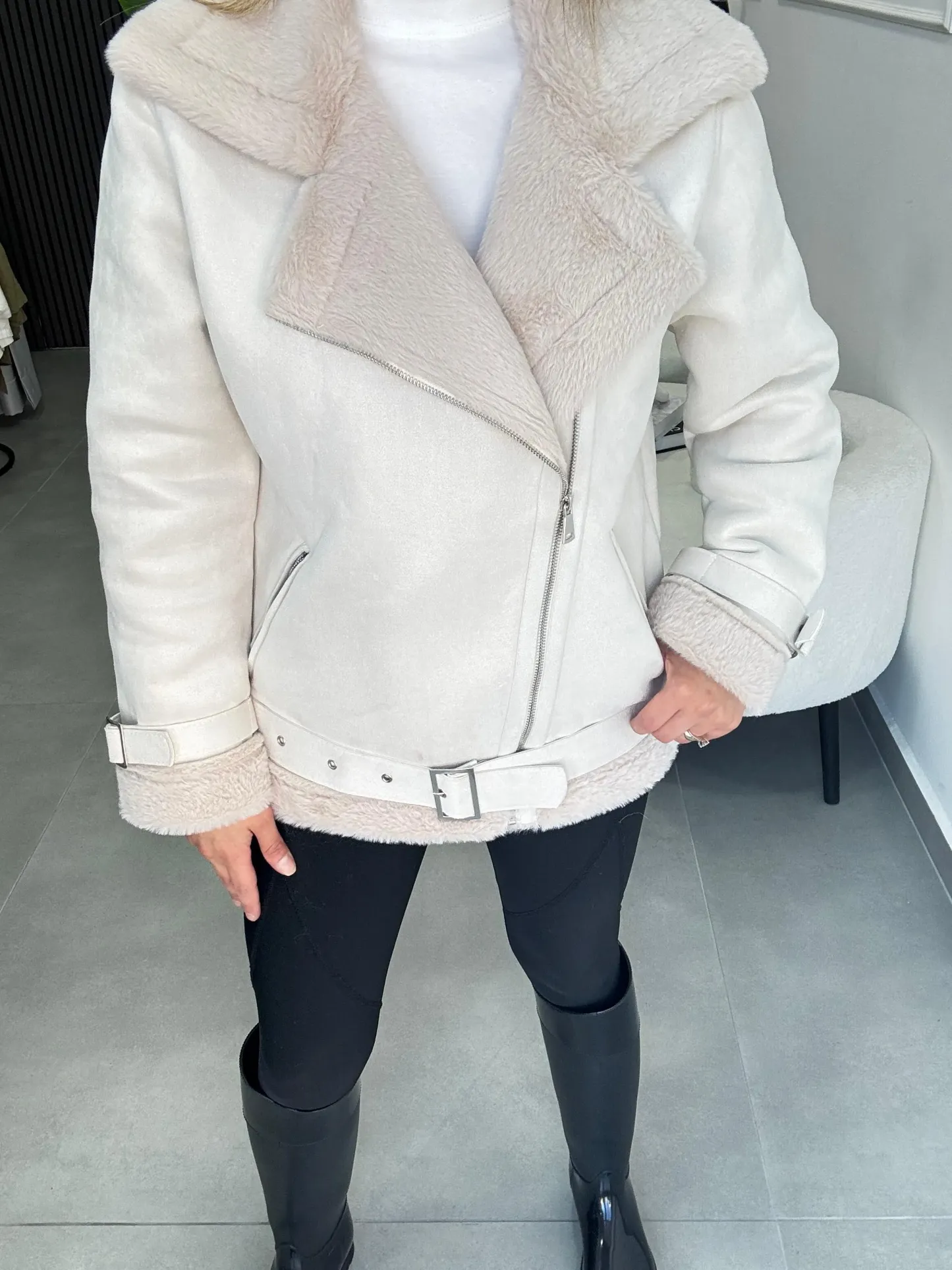 White Faux Shearling Biker Jacket