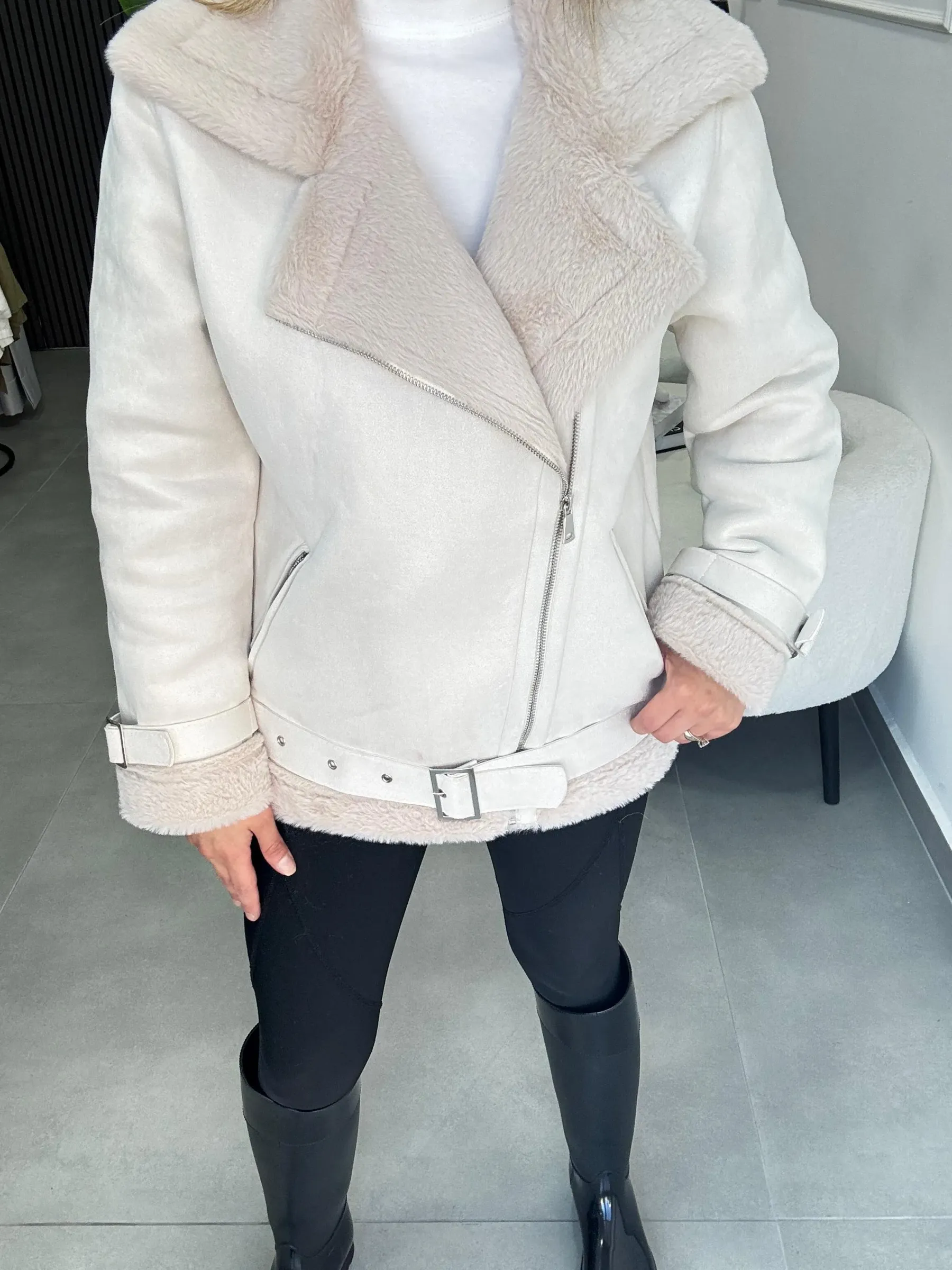 White Faux Shearling Biker Jacket
