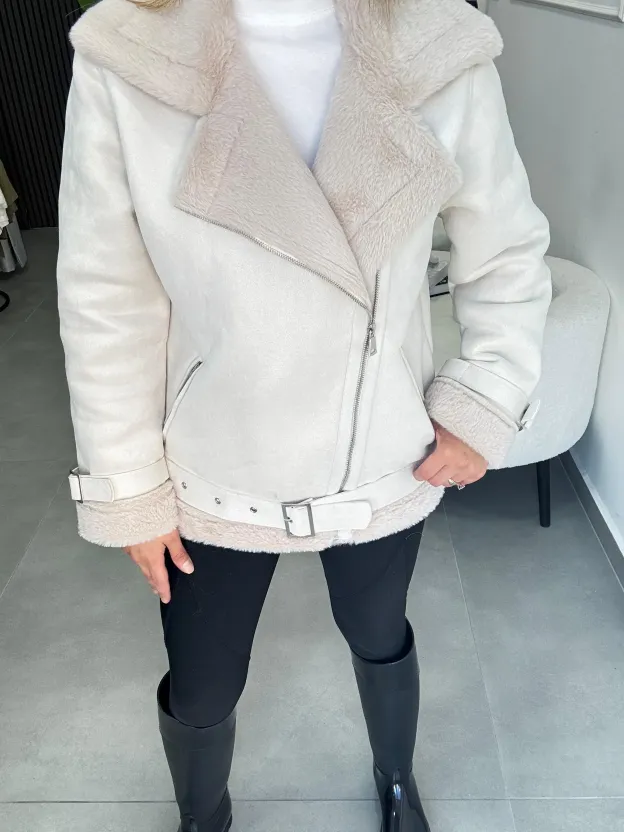 White Faux Shearling Biker Jacket