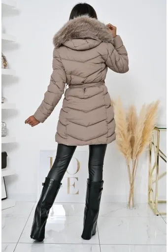 Taupe Long Puffer Coat with Faux Fur Hood & Belted Waist