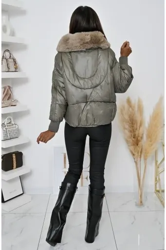 Short Puffer Jacket with Taupe Faux Fur Collar