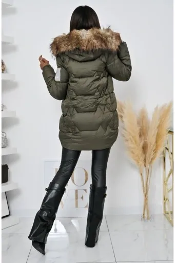 Olive  Long Puffer Coat with Faux Fur Hood & Branded Patch