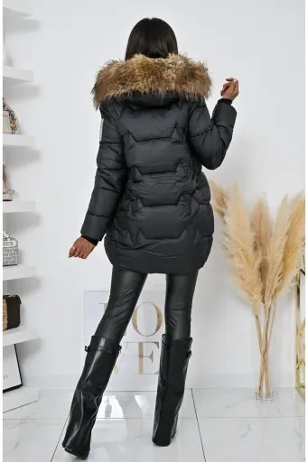 Olive  Long Puffer Coat with Faux Fur Hood & Branded Patch