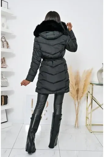 Taupe Long Puffer Coat with Faux Fur Hood & Belted Waist