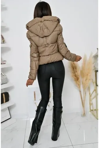Taupe Short Puffer Jacket with Hood