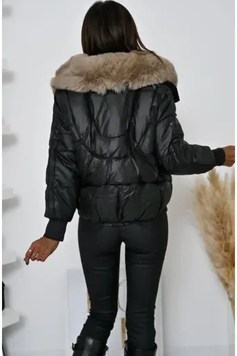Short Puffer Jacket with Taupe Faux Fur Collar
