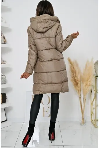 Taupe Long Puffer Coat with Hood & Fashion Accent
