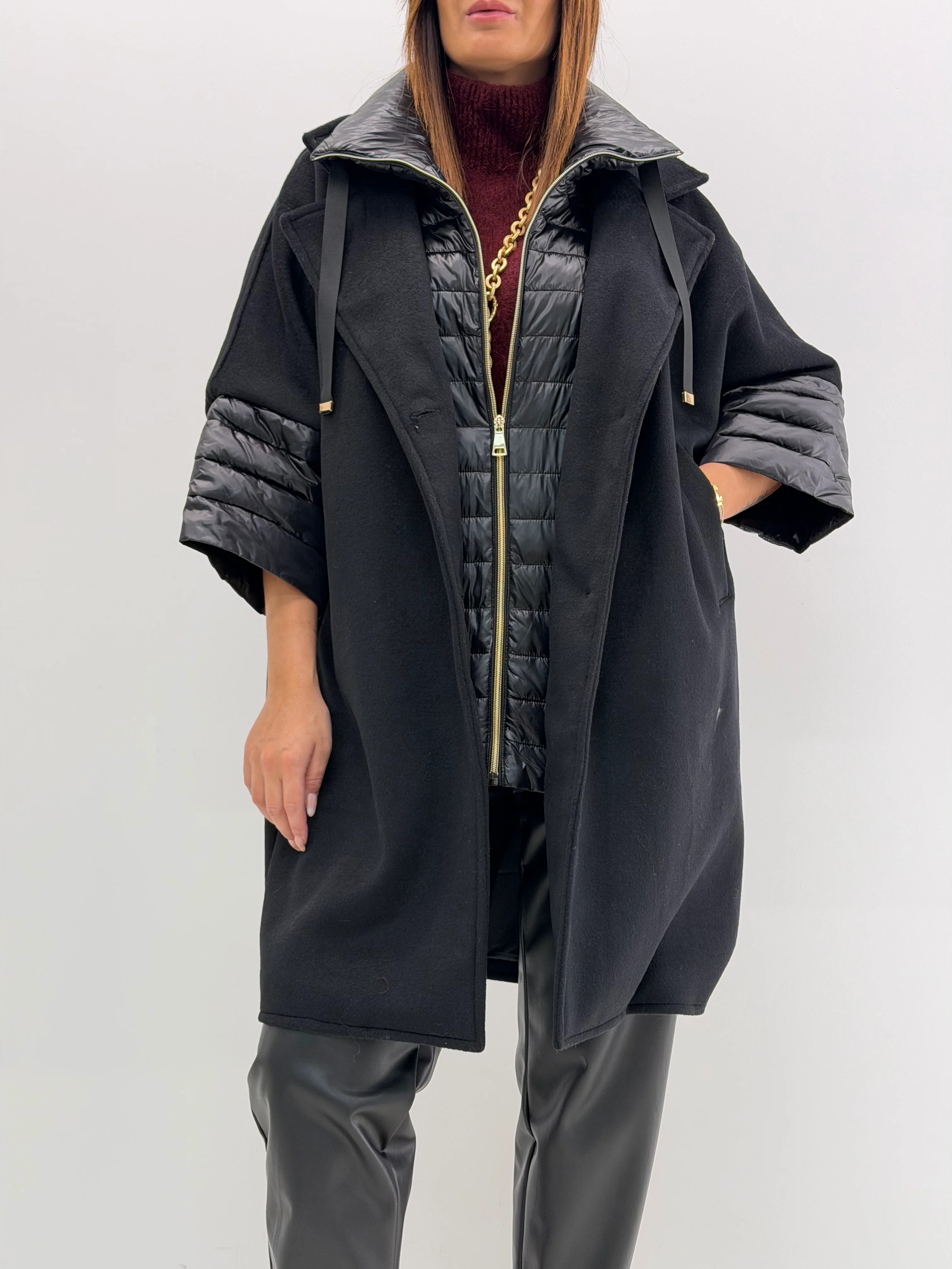 Black Long Coat with Quilted Sleeve & Collar Details