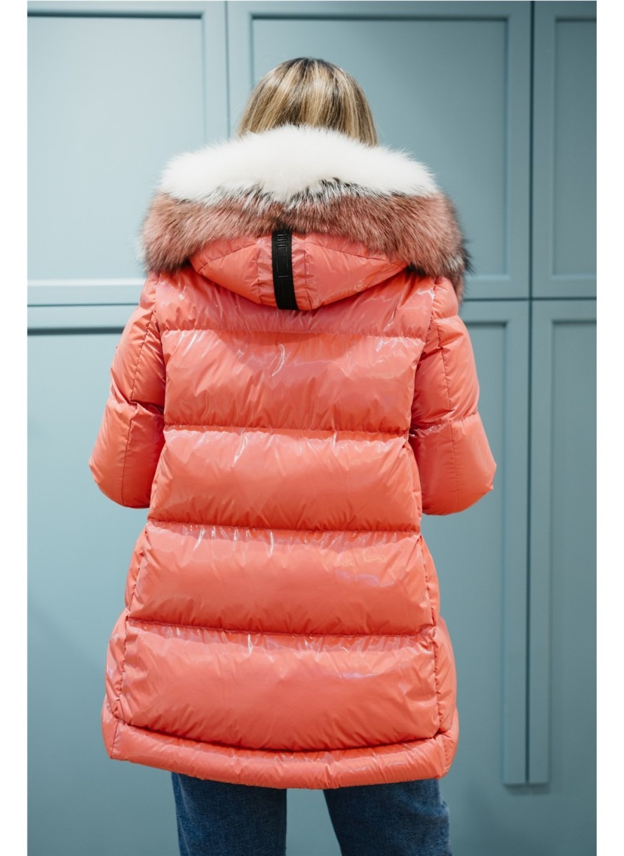 Shiny Puffer Coats with Faux Fur Hoods
