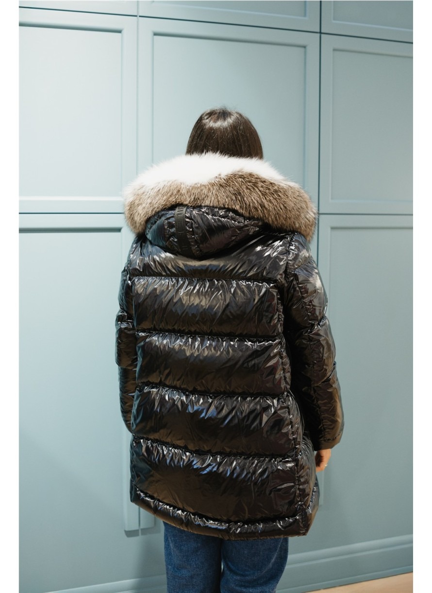 Shiny Puffer Coats with Faux Fur Hoods