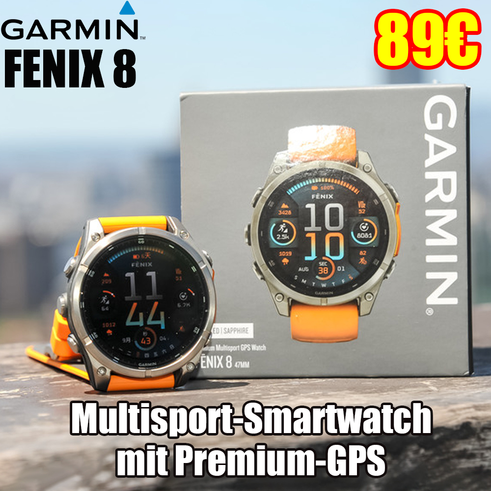 Garmin fēnix® 8, Premium-GPS-Multisport-Smartwatch mit Saphir-Solarbetrieb, langlebiger Akku, empfohlen für Sport, integrierte LED-Taschenlampe