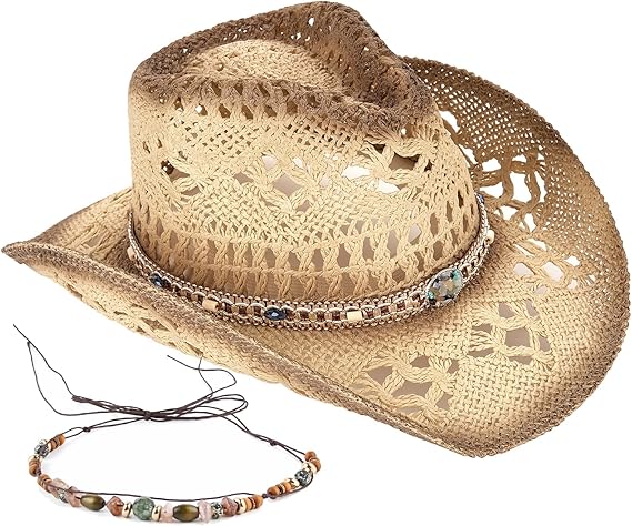 Cappelli da cowboy in paglia da uomo e da donna, cappelli da sole intrecciati da cowgirl, cappelli da cowboy western con due cinturini decorativi