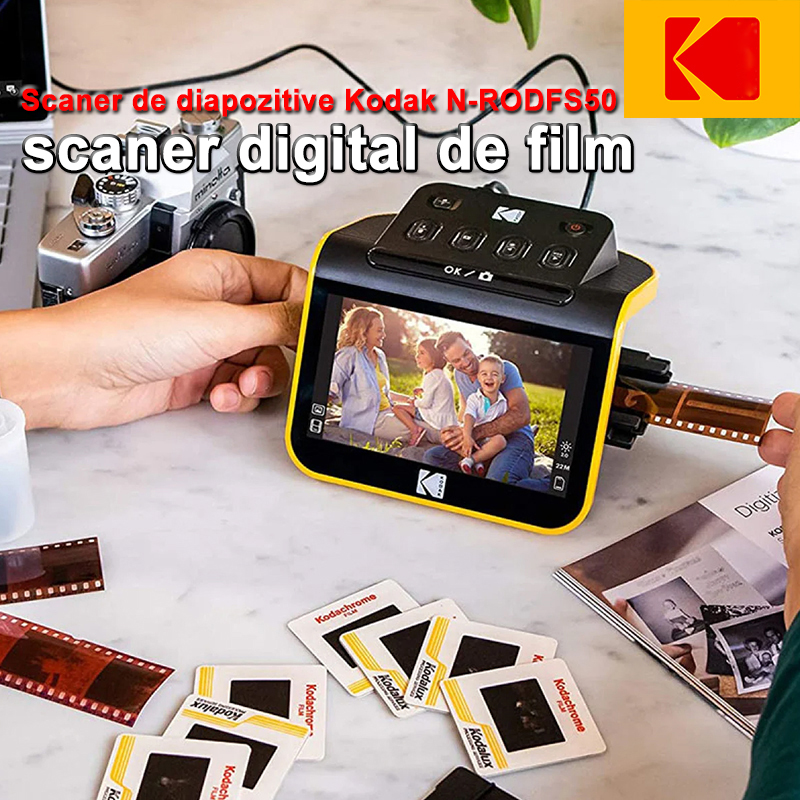Scanner digital pentru filme, filme și diapozitive care convertește negativele color și alb-negru și diapozitivele de 35 mm, 126 mm, 110 mm în fotografii digitale JPEG de înaltă rezoluție de 22 megapixeli.