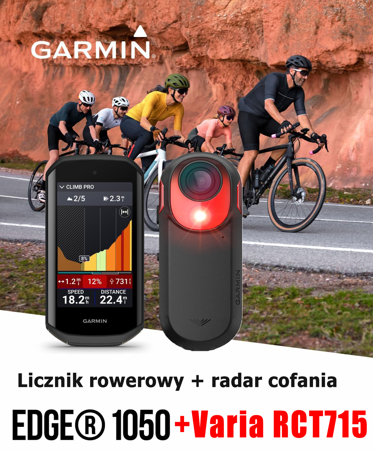 Garmin Edge 1050® + zegarek z kodem rowerowym Garmin Varia RCT715 + radar cofania. Wyposażony we wbudowany głośnik, który wizualnie i dźwiękowo ostrzega pojazd o zagrożeniach na drodze.