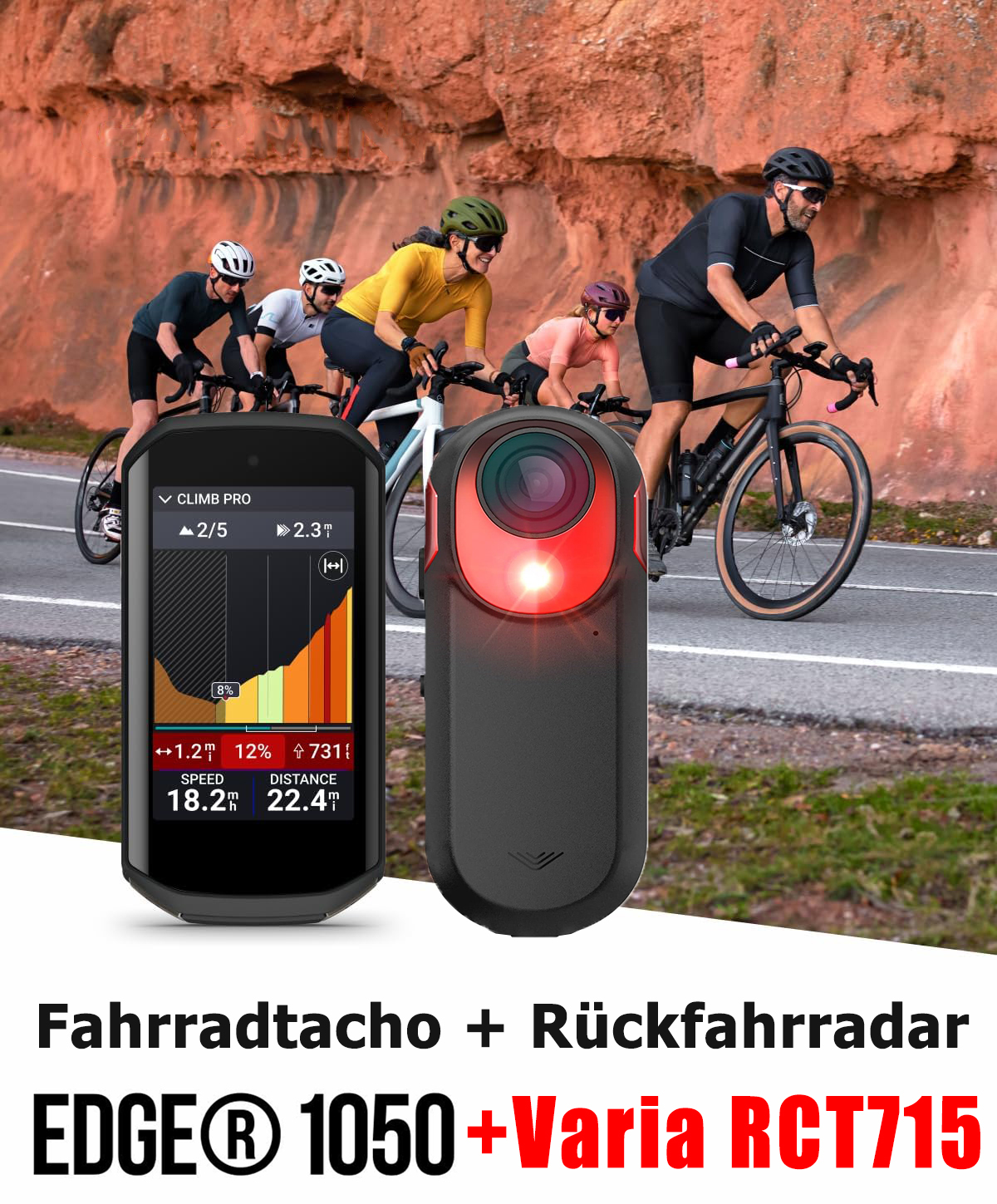 Edge 1050® + Varia RCT715 Fahrradtacho + Rückfahrradar. Mit integriertem Lautsprecher, der durch visuelle und akustische Warnungen vor Gefahren im Straßenverkehr warnt.