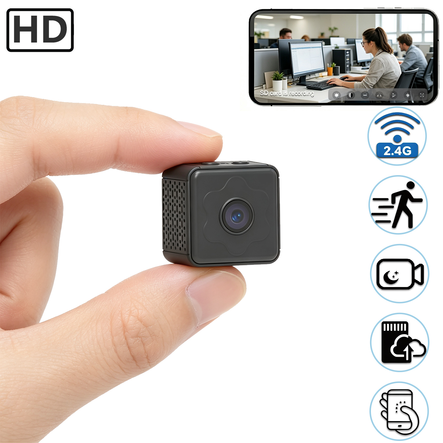 Next-Gen Mini Wireless Security Camera, Small Wireless Indoor Nanny Cam with No-Glow Night Vision, Motion Alerts, Home/Office Security Camera with Dual Storage