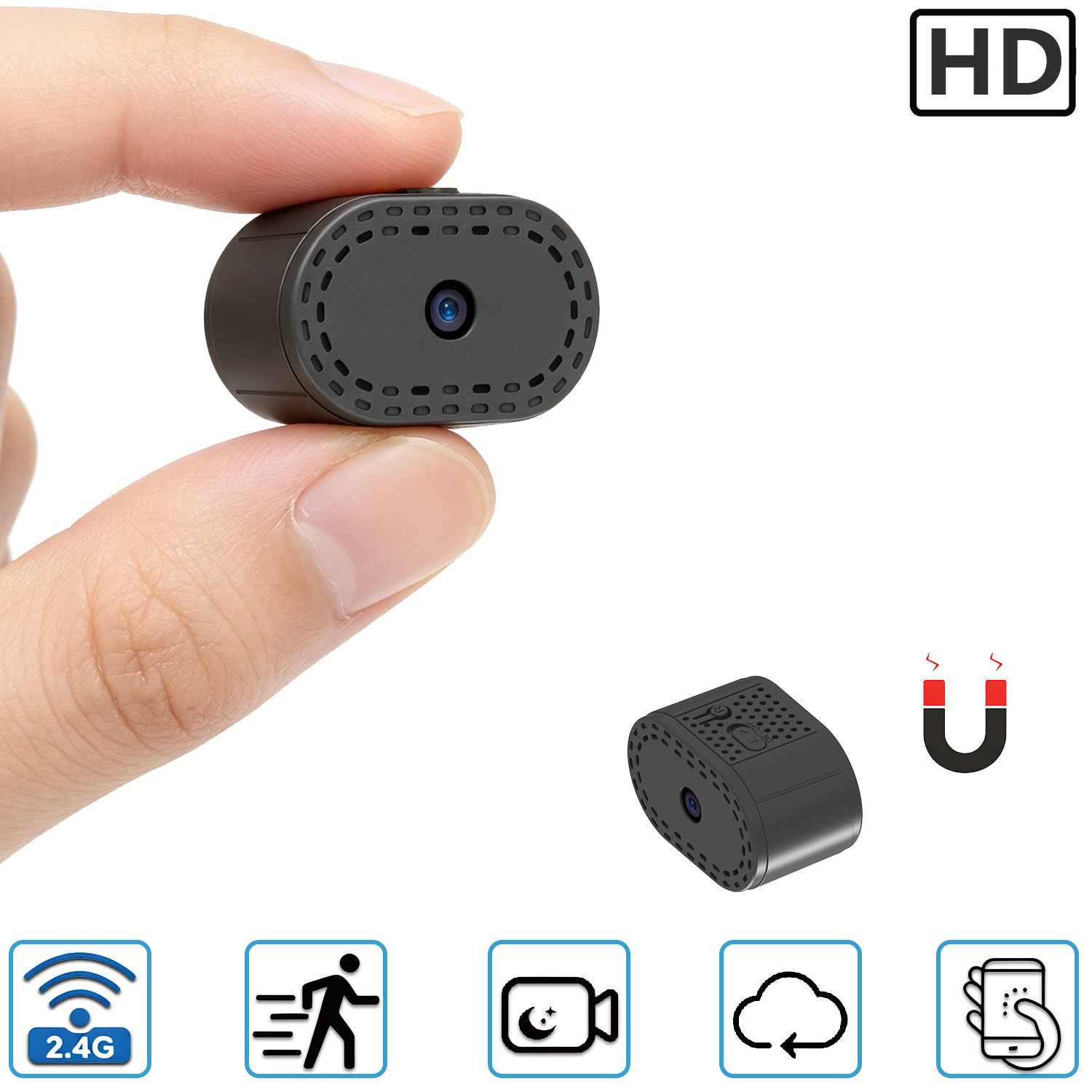 Ultra-Compact Magnetic WiFi Security Camera, Dual Power Supply (Built-in Long-Lasting Battery & 5V USB Plug-In for 24/7 Work), Drill-Free Mount, HD Remote Monitor, Motion Detection, Night Vision, Push Alert, Proprietary Encryption, Cloud Storage