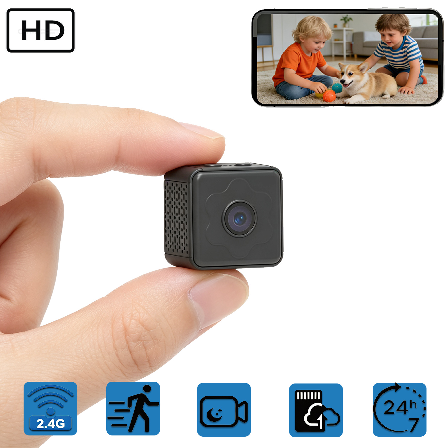 Next-Gen Mini Wireless Security Camera, Small Wireless Indoor Nanny Cam with No-Glow Night Vision, Motion Alerts, Home/Office Security Camera with Dual Storage