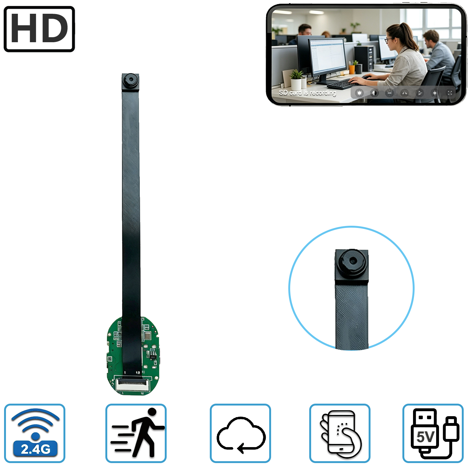 Flexible WiFi Security Camera PCBA Board, DIY HD Wireless Camera Module, 2.4G WiFi Bluetooth Quick Pair, Motion Detection Remote Monitoring Cloud Storage